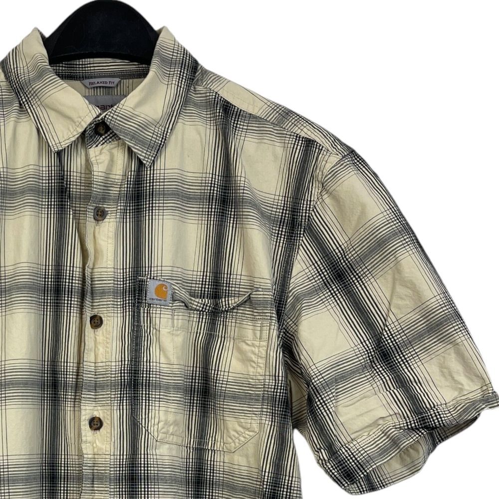 Carhartt Button-Up Mens M Tan Plaid Relaxed Fit Cotton Short Sleeve 103551 121